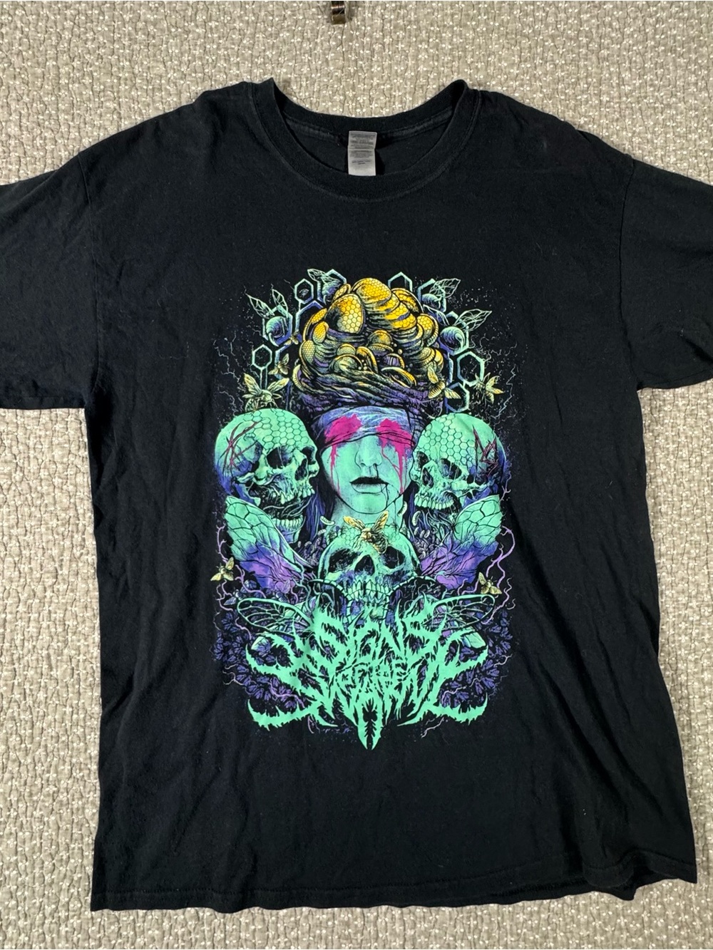 Gildan Black Graphic Tee with Neon Green, Purple & Yellow Skull Design